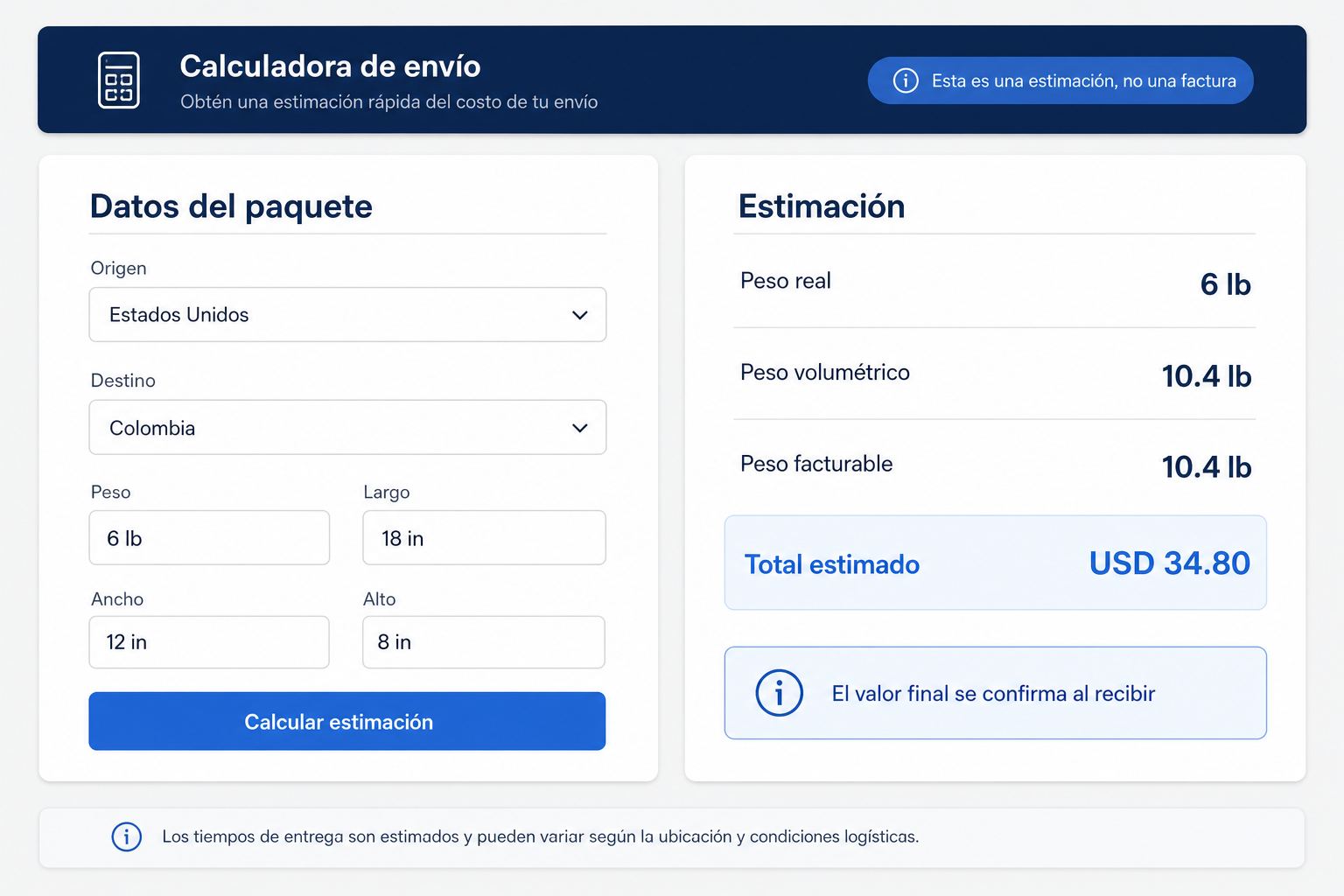 Calculadora anónima que compara peso real, volumétrico y facturable