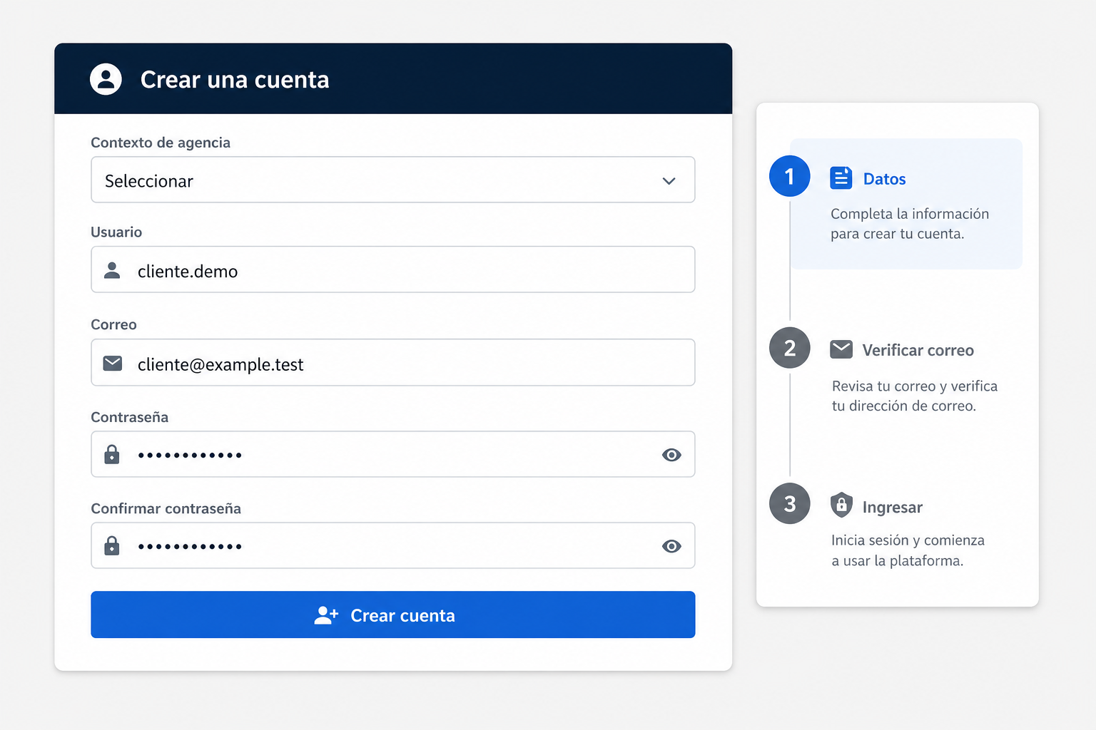 Formulario anónimo para crear una cuenta y verificar el correo