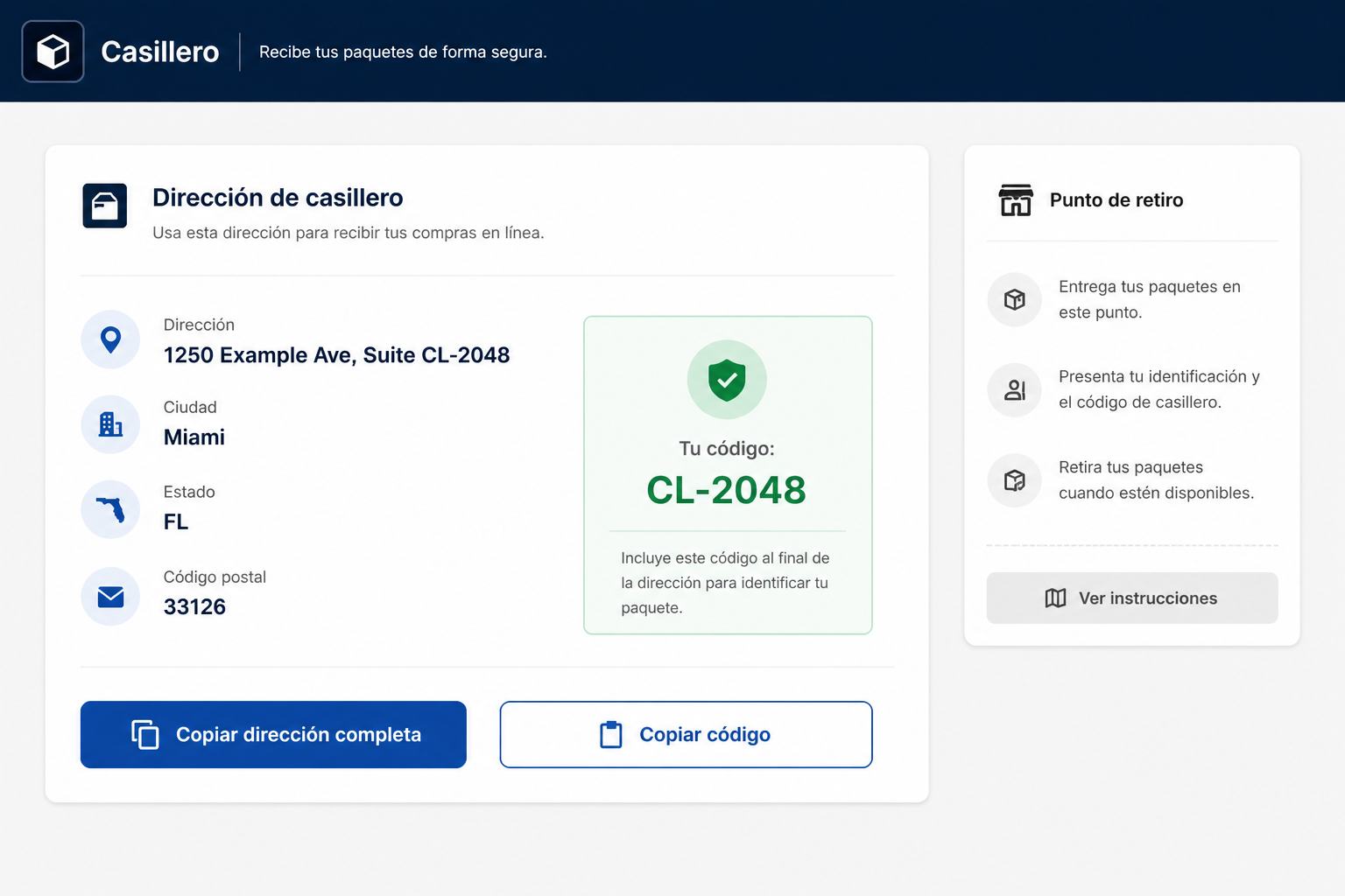 Vista anónima que separa dirección de casillero, código y punto de retiro