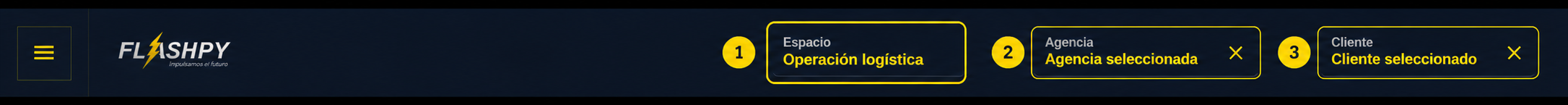 Cabecera con selectores numerados de espacio, agencia y cliente