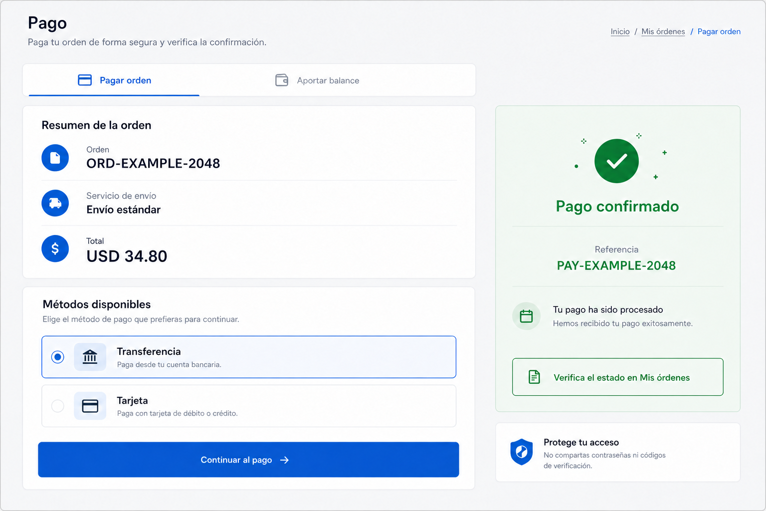 Pago anónimo de una orden con métodos y referencia de confirmación