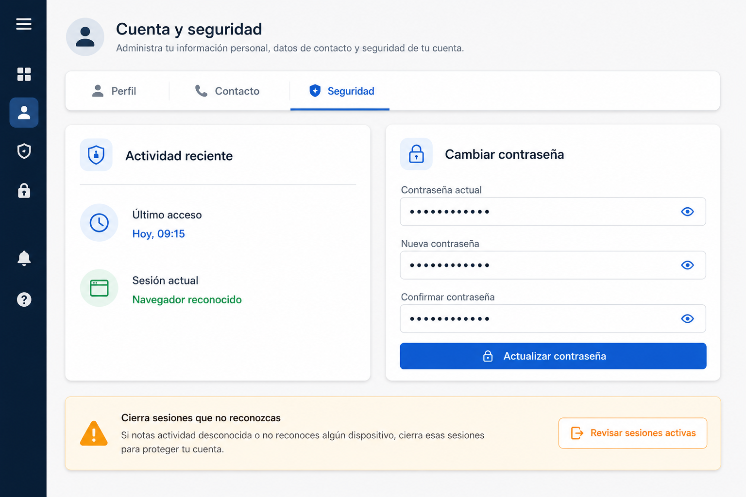 Cuenta anónima con pestañas Perfil, Contacto y Seguridad