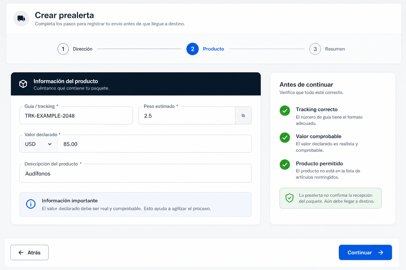 Asistente anónimo de prealerta con Dirección, Producto y Resumen
