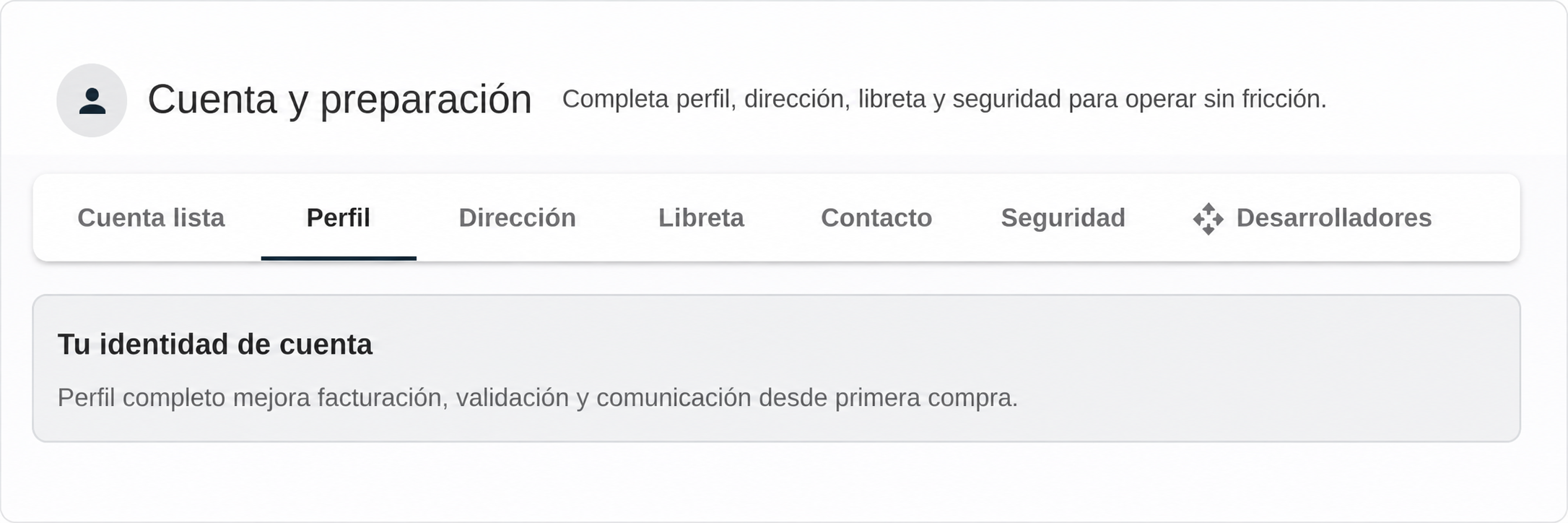 Vista inicial de Cuenta y preparación del Cliente